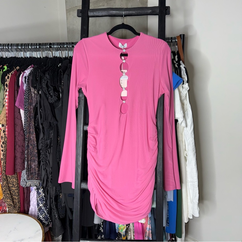 Oh Polly Ruched Cutout Embellished Long Sleeve Bodycon Mini Dress in Hot Pink - Picture 7 of 13